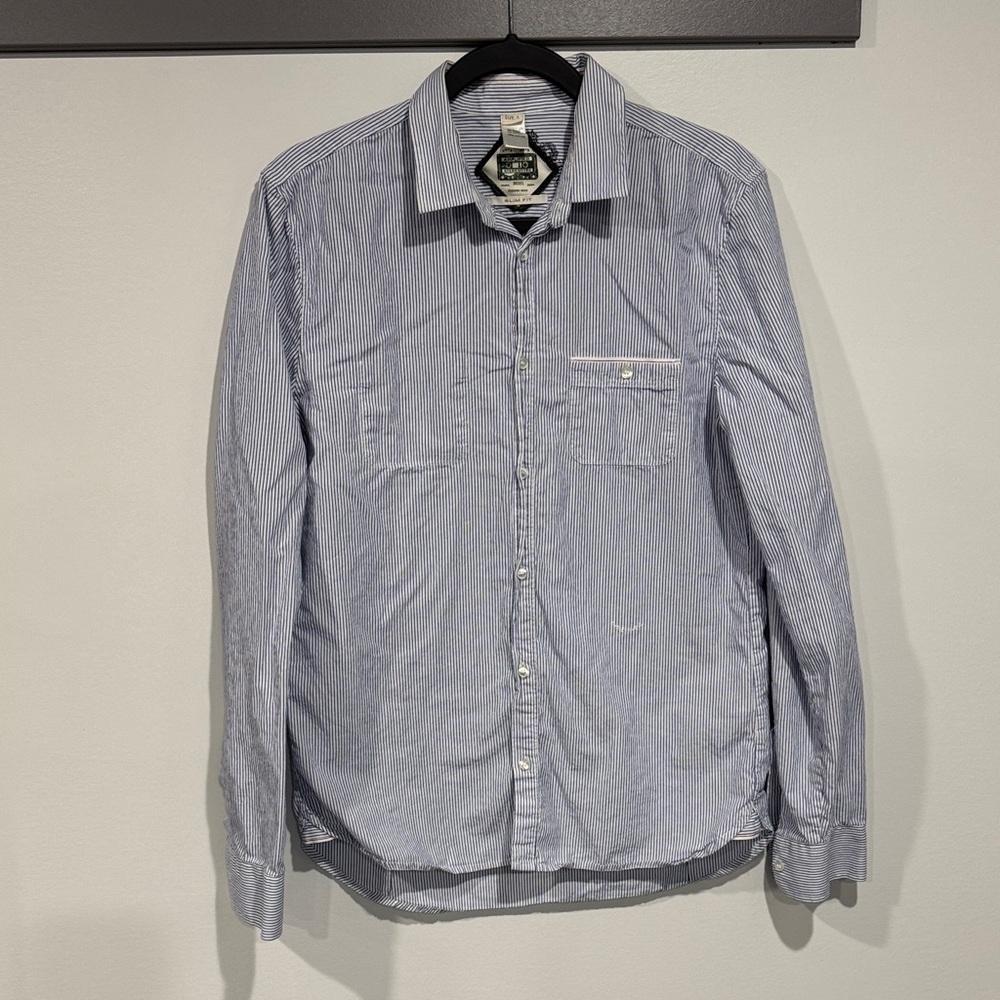 Diesel Men's Blue and White Striped Button-Down Shirt